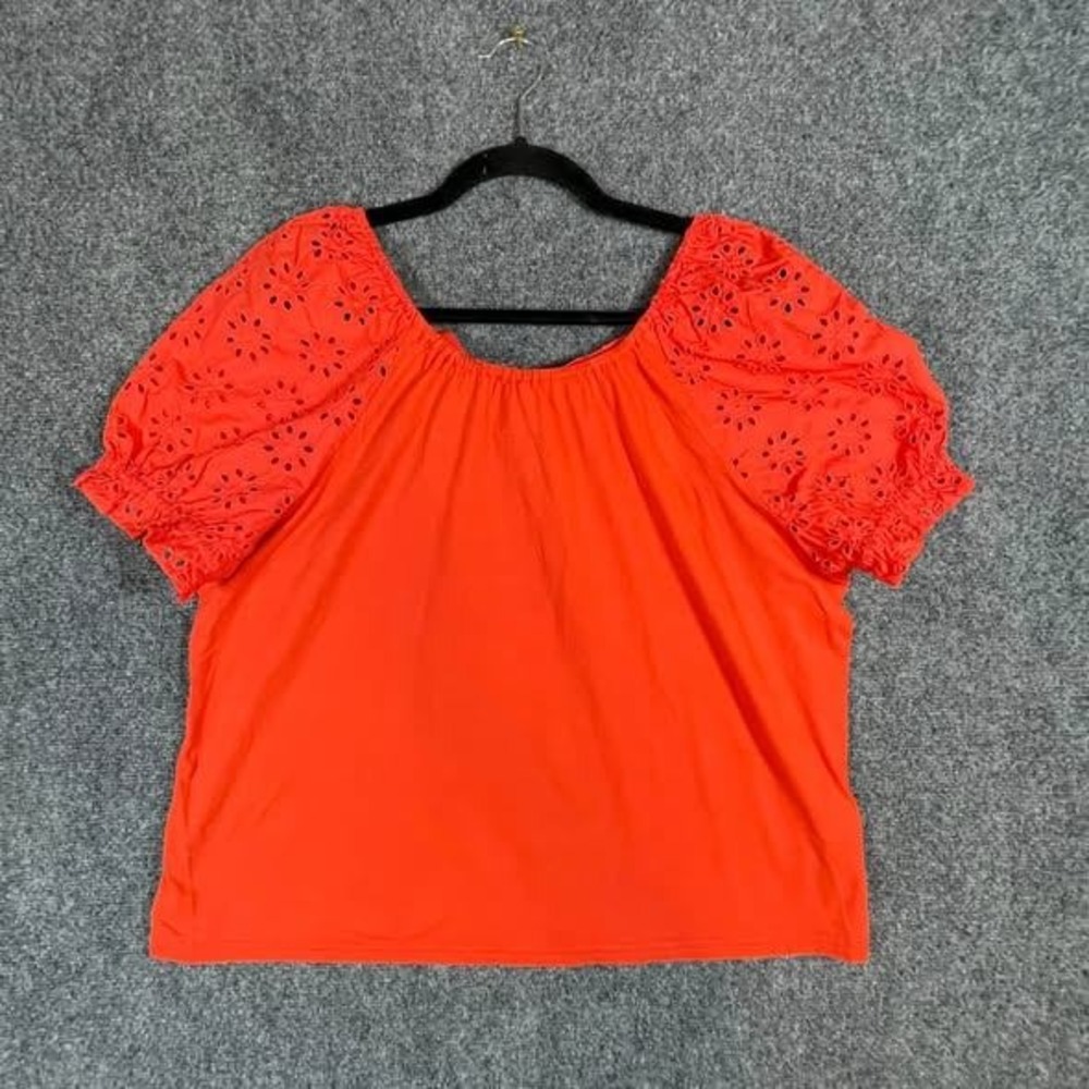 J Crew Eyelet Puff Sleeve Tie Back Top Womens Large Red Orange Preppy Boho